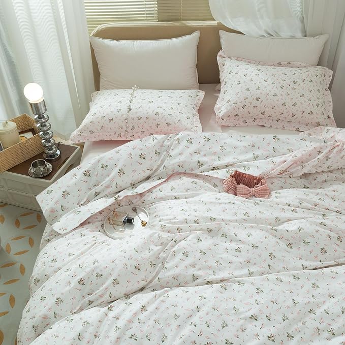 LifeTB Garden Pink Floral Comforter Set Queen Size Vintage Boho Floral Bedding Comforter Queen with 2 Pillowcases Fluffy Soft All Seasons Bedding Set Cottagecore Flowers Botanical Comforter Set