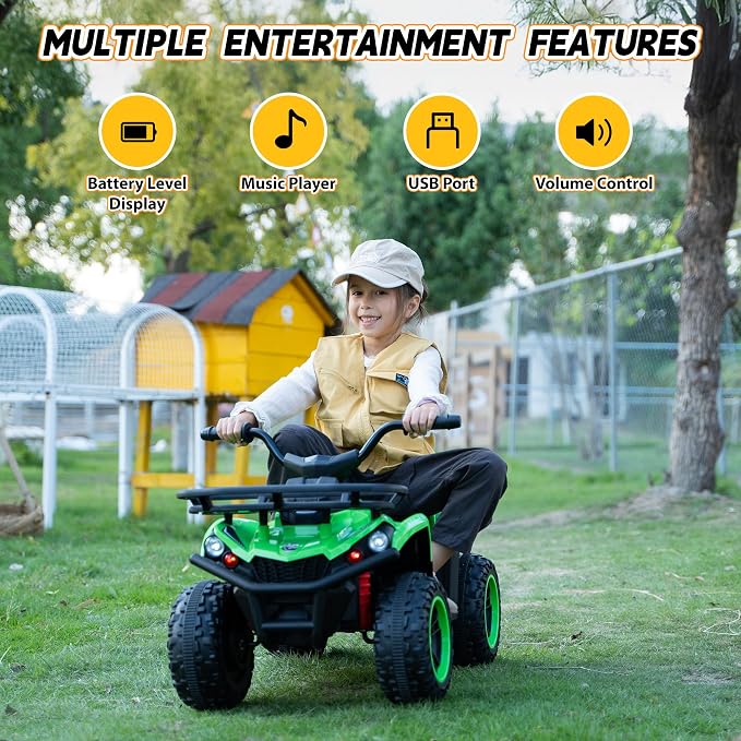 TOBBI 24V Kids Electric Ride On ATV, Battery-Powered 4 Wheels Ride On Car with Storage Basket, Three-Speed, LED Light, Music, Ride On Toy for Kids 3-8 Years-Green