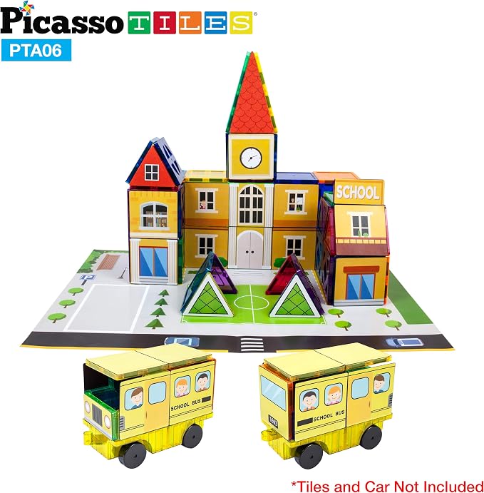 PicassoTiles 80pc School, Hospital, Police Station 3-in-1 Theme Magnet Self Adhesive Backing Stick-On Puzzle Graphic Kit and Overlay Maps for Magnetic Building Blocks STEM Learning Construction Toy