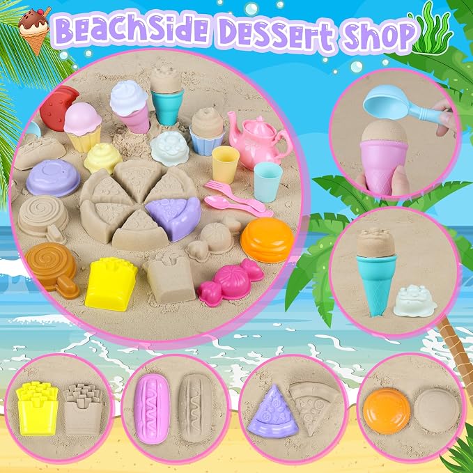 REZUCREY Collapsible Beach Toys for Toddlers, Sand Bucket and Shovels Set, Ice Cream Tea Set Travel Sand Toys for Beach & Mesh Bag, Castle Essentials Toy for Toddlers Kids Boys Girls Age 3-10