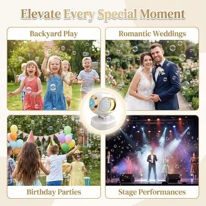 KYWYOYOU White Stage Bubble Machine for Wedding Parties, Rechargeable Maker | Automatic rotating blower with adjustable head for kids, toddlers & outdoor play. Includes 10 professional solution refills.