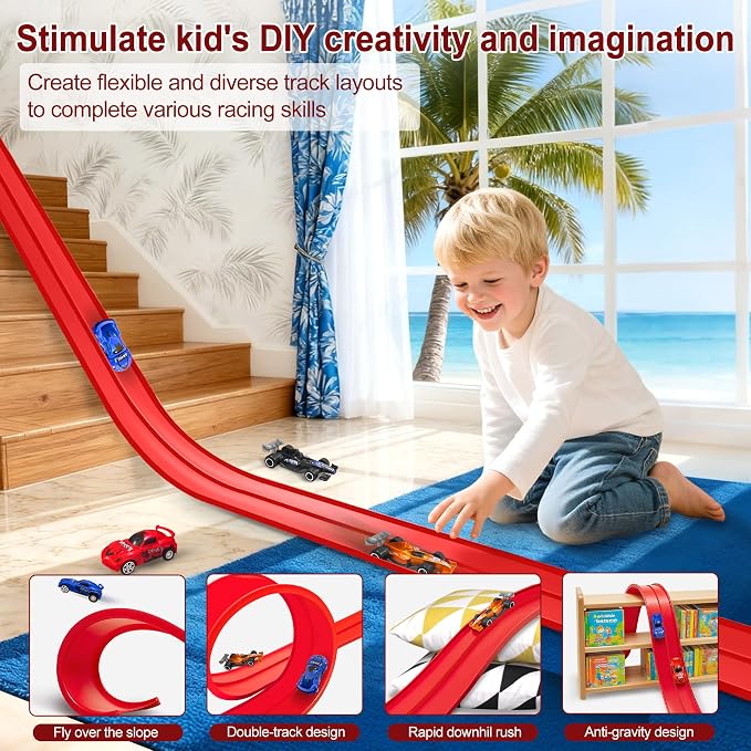 20 Ft Flexible Race Track Toys, Flex Race Car Ramp Track with 4 Race Cars & Suction Cups Rolls Up Portable DIY Race Track Anti Gravity Car Track Set,Kids Racecar Track Toy(Red)