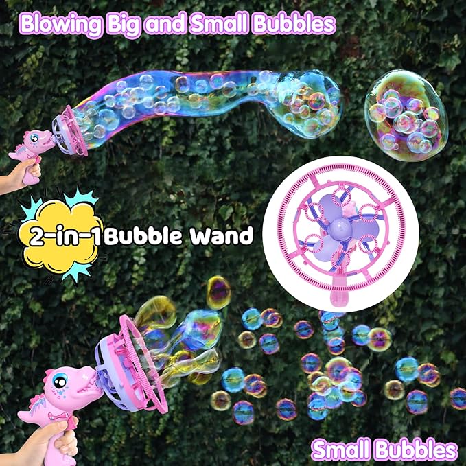 IFLOVE Pink Dinosaur Bubble Gun for Kids, Bubble Machine Toy with Bubble-in-Bubble Effect, 1000+ Bubbles/Min Outdoor Party Favor Gift for Girls Ages 3-8