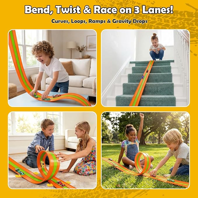 16ft Flex Track, Flexible Race Track for Kids 3-5 Year Old with 4 Pull-Back Cars, Portable Roll Up Racing Car Tracks for Toddlers, Birthday Gifts for Boys Girls (3 Lane - Green & Orange)
