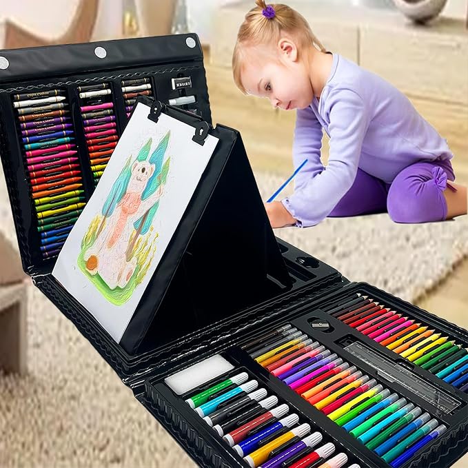 AQTQA Art Supplies, Drawing Art Set Kit for Kids Double Sided Trifold Easel | 208 PCS Teens Artist, Adults Art Set, Oil Pastels, Crayons, Colored Pencils, Watercolor Pens Gift for Girls Boys Artist,Black