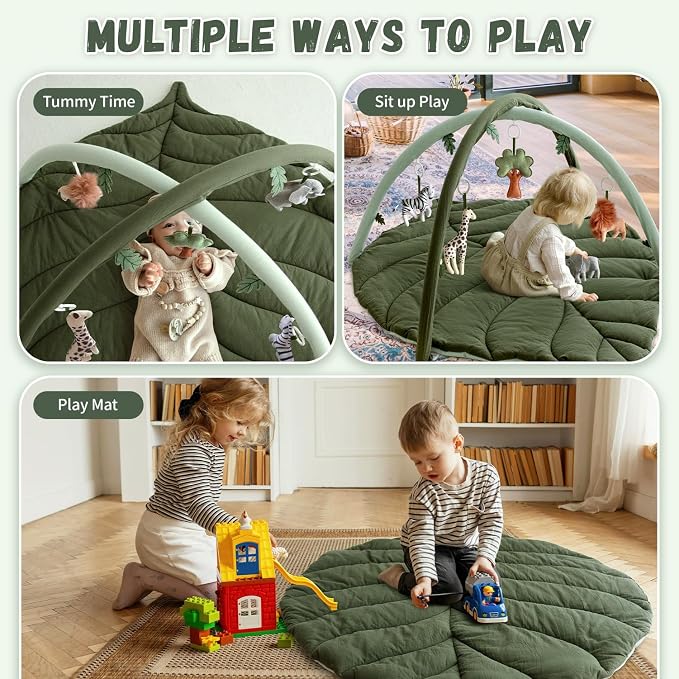 Baby Play Gym with Mat Leaf Shaped, Baby Play Mat with 5 Hanging Toys Tummy Time Mat, Baby Gym Activity Center, Washable (Green)