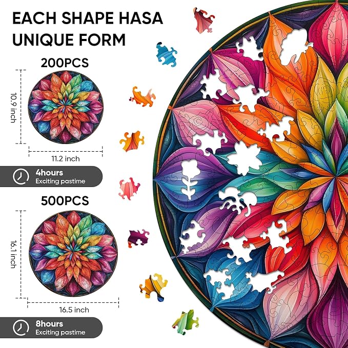 Ixfyloop Mandala Puzzles for Adults, Wooden Puzzles for Adults, Wood Puzzles Adult Unique Shaped Lotus Puzzle 500 Pieces, Wooden Jigsaw Puzzles for Adults Birthday Gift 16.1x16.5 in