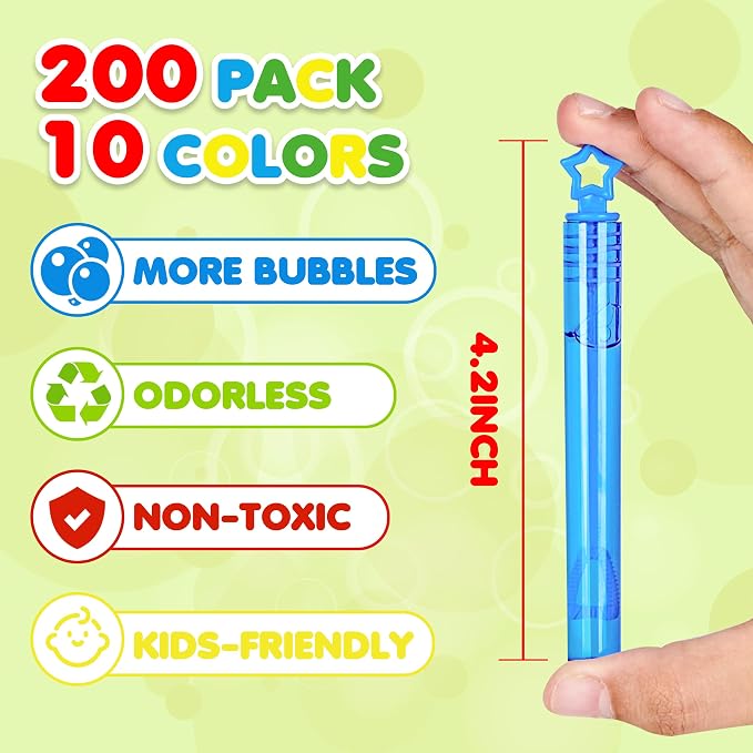 200 PCS Mini Bubble Wands in 10 Colors, Ideal for Birthday Parties, New Year's, Christmas, Valentine's Day, Carnival, Goodie Bag Stuffing, Party Gifts for Kids