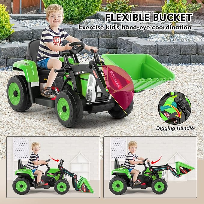 JOYLDIAS Ride On Excavator, 12V7AH Electric Car for Kids 3-8 W/2.4GHz Remote Control, Electric Construction Vehicle Bulldozer/Tractor for Kids Digger with 3 Speeds,Bluetooth,Music,Lights,Green