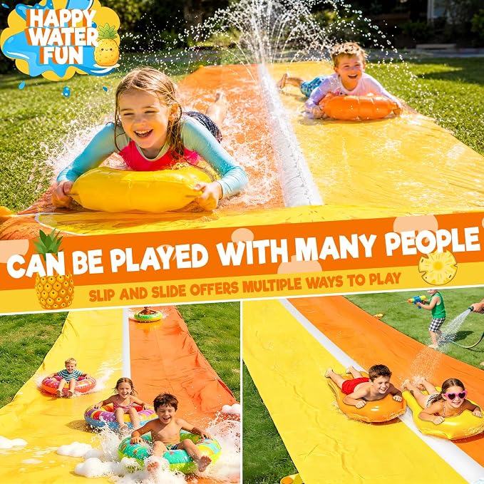 iGeeKid Pineapple 20FT Double Lawn Water Slides, Heavy Duty Water Toys Sprinkler 2 Race Lane with 2 Bodyboards for Kids Adults Backyard Outdoor Summer Beach Swimming Pool Water Game Party