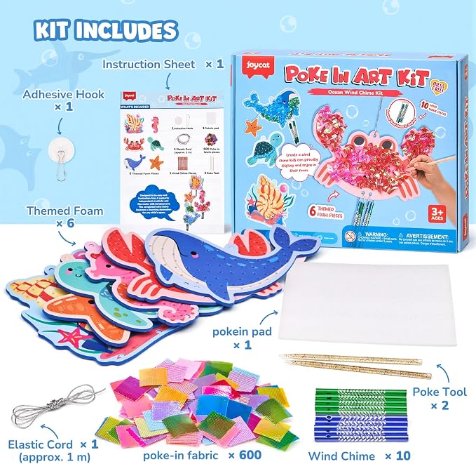 JoyCat Poke-in Wind Chime Craft Kit for Kids, 3D Sea Creature DIY Set with Audible Wind Chime Pieces, 6 EVA Ocean Figures, Mess-Free Creative Activity, Arts and Crafts & Birthday Gift for Kids Age 3+