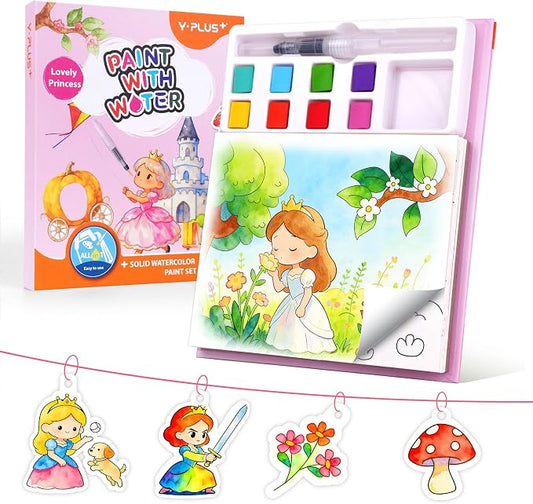 YPLUS Paint with Water Coloring Book for Toddlers, Mess Free Watercolor Painting Set with Brush, 26 Pages & 8 Color Palettes, DIY Art Craft Travel Toy Gift for Kids Ages 1-3 2-4 4-6 (Princess)