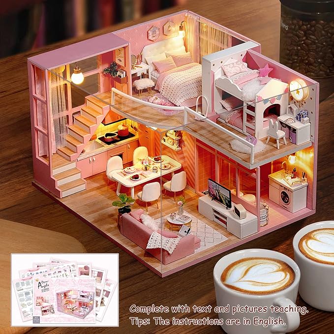 TuKIIE DIY Miniature Dollhouse Kit with Furniture, 1:24 Scale Creative Room Mini Wooden Doll House Accessories Plus Dust Proof & Music Movement for Kids Teens Adults(Dream Angels)