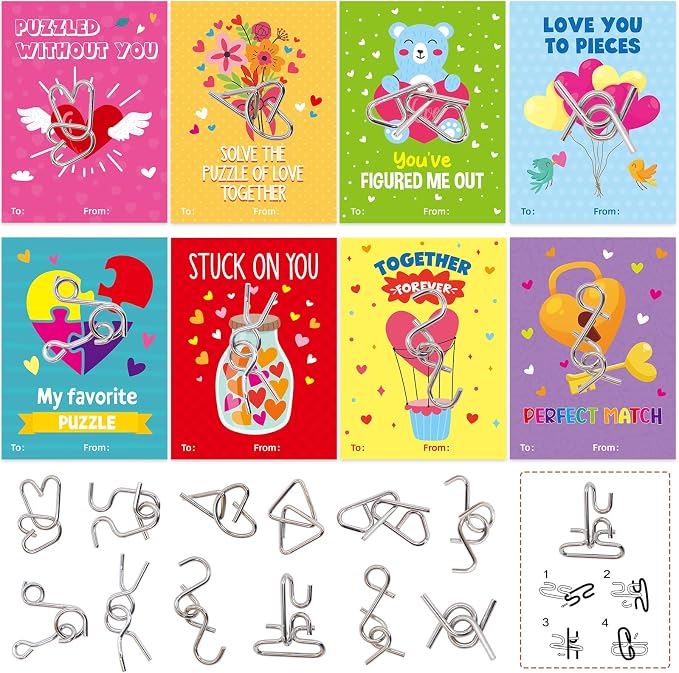 Fancy Land 24 Pack Valentines Gifts for Kids Classroom Metal Puzzles Brain Teasers Kids Valentines Day Cards for School Exchange Gifts Party Favors