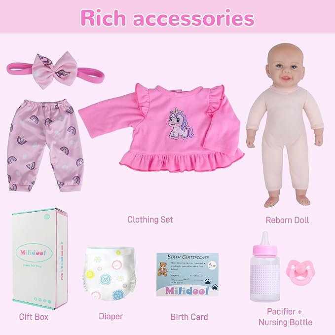 Milidool Baby Doll Girl - 17-Inch Soft Body Realistic Baby Doll with Blue Eye, Real Life Baby Dolls for 3+ 4 5 6 7 8 9 Years Girl Birthday Gifts, Pretend Play and Christmas