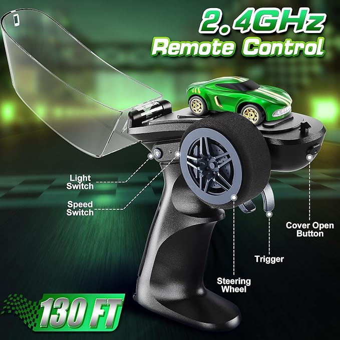 RC Drift Car, 1/64 Mini Drift RC Cars 4WD Micro Remote Control Car with LED Lights and Speed Switch, Cars Toys for Adults Kids Boys Age 6 7 8-12, Green