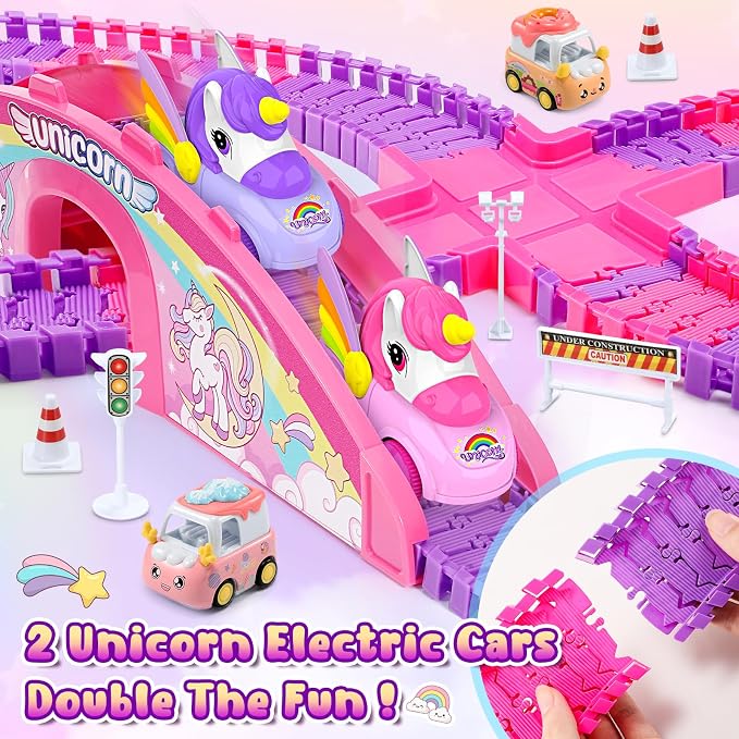 Aetyni Girls Toy Unicorn Car Track Set for Kids 4-6: Unicorn Monster Truck Race Track with 2 Princess Cars 3 4 5 6 7 8 Year Old Toddler Girl Birthday Gifts Girl Toys Age 4-5 6-7