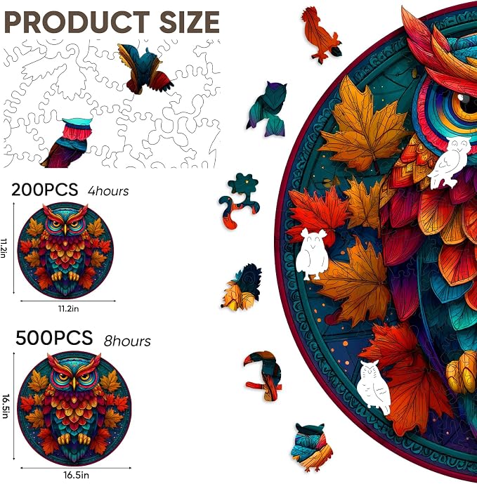 Mocfesk Wooden Puzzles for Adults, Colorful Owl Puzzles 200 Pieces, Unique Shaped Jigsaw Puzzles for Adults and Kids, Birthday Gifts Fun Challenge Family Game 11.2'' x 11.2''