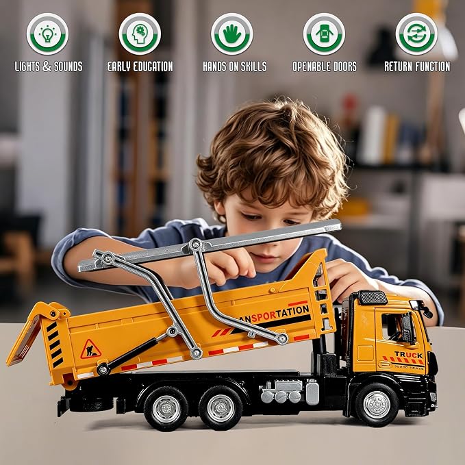 Dump Truck Toy Diecast Metal Cab Large Dump Truck with a Liftable Dump Bed Construction Truck Toys for Kids Pull Back Toy Dump Truck with Lights and Sounds Dump Truck Toys for Boys 3-5 Year Old