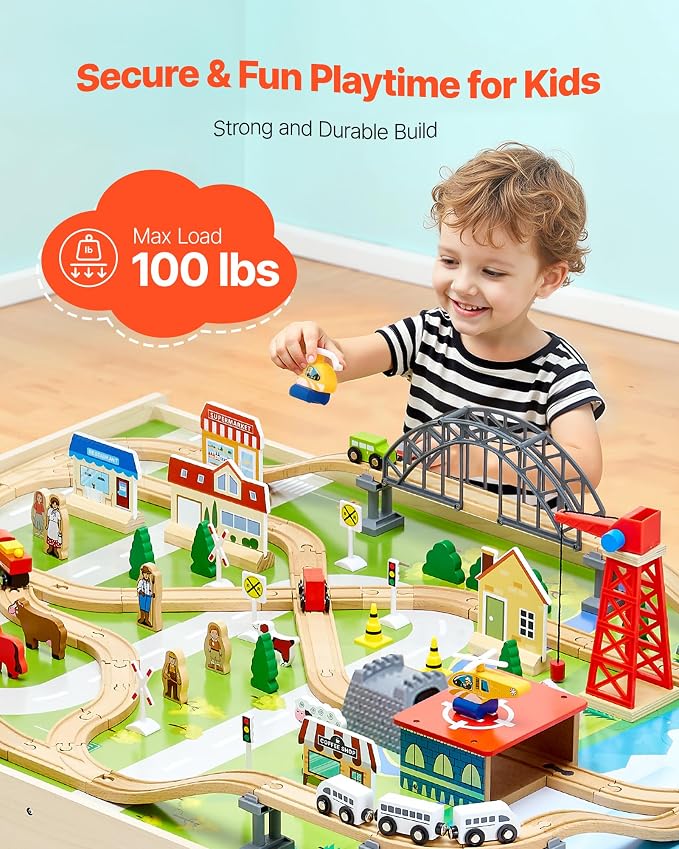 VEVOR Train Table, 120 Multicolor Pieces Wooden Kids Activity Table with Collapsible Storage Bin, 3-in-1 Wooden Train Set for Gaming, Drawing, Reading, Eating, Creative Toy Set for Kids Ages 3+