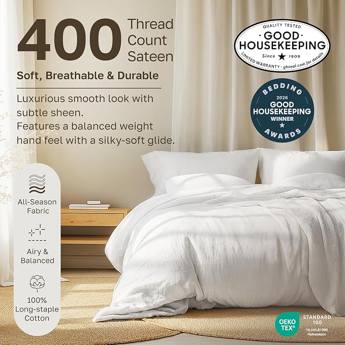 California Design Den Soft 100% Cotton Twin XL Bed Sheets Set, 400 Thread Count Good Housekeeping Award Winner, Silky Sateen Weave, Long Staple Cotton Twin XL Bed Sheet Set - Antique White