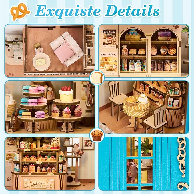 DIY Miniature Dollhouse Kit - 3D Wooden Puzzle for Adults, Illuminated Bakery Model Craft Kit with LED Light, Creative Diorama Room Decor & Hobby Gift,Little Bake Shop