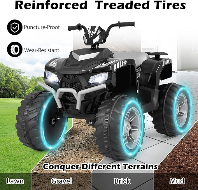 Costzon Kids ATV, 24V Four Wheeler Quad Ride on Car w/Forward/Backward, 2 Speeds, Wireless Connection, Music, Radio, LED Lights, Electric Vehicle Toddler 4 Wheeler for Kids, Boys & Girls 3-8 (Black)