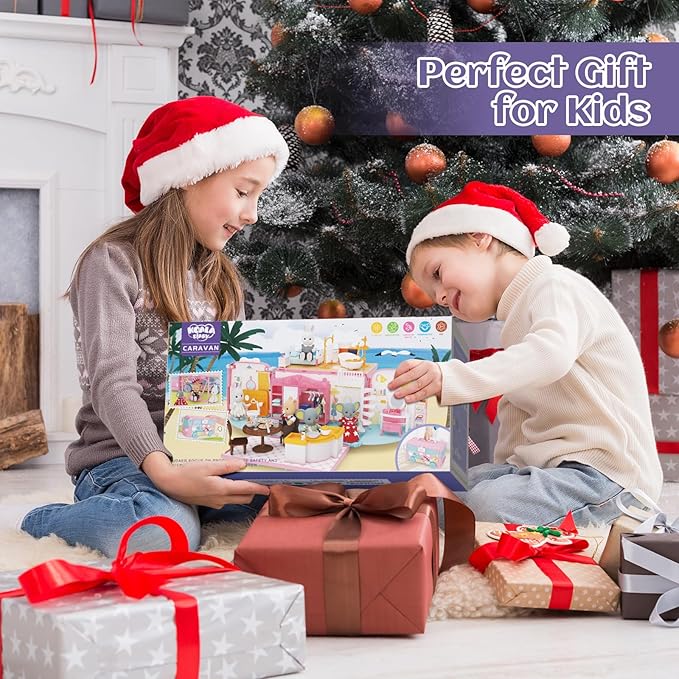 Dollhouse Playset, DIY Pretend Portable Caravan Camper Bus Toy Kit with Little Critters Bunny Dolls Mini Cottage House Set Camping Family Toys for Toddler 3 4 5 6 Year Old Girl