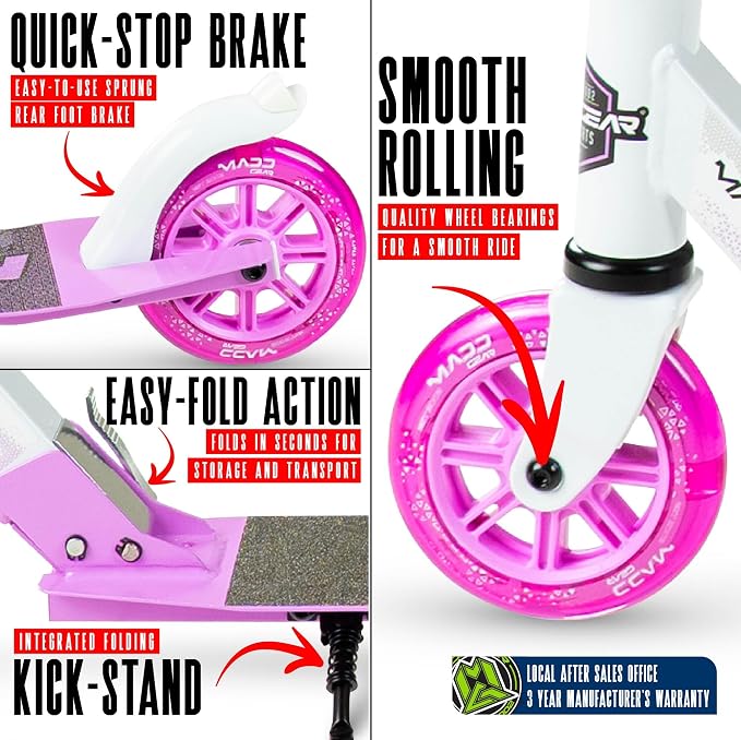 Kick Scooter for Ages 5+ - Kids, Teens & Adults. Max Load 220lbs. Foldable, Light-Up Wheels, Adjustable Height, Lightweight - Rush 125 Madd Gear
