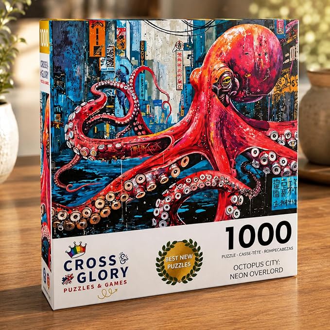 Cross & Glory | 1000 Piece Jigsaw Puzzles for Adults | Octopus City: Neon Overlord │ Cyberpunk Ocean Puzzle for Adults │ Satin Finish Octopus Puzzle 1000 Pieces │ Ages 14+