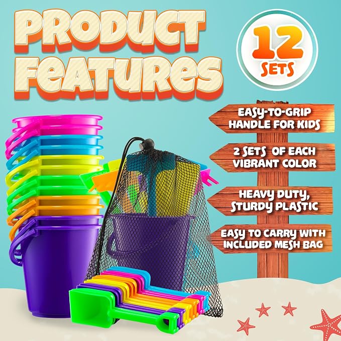 Mini 4.5-Inch Beach Buckets for Kids - (12 Pack) Sand Buckets and Shovels with Rakes - Small Beach Pails - Sturdy Unbreakable Plastic - Beach Party Favors for Toddlers Ages 3-6