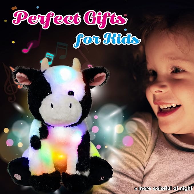 Light-up Singing Plush Cow LED Musical Stuffed Animal Adjustable Volume Lullaby Plushies Birthday Christmas Toy Gifts for Kids Toddler Girls, 13"
