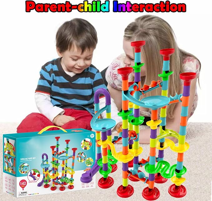 142 PCS Marble Toy Premium Set,STEM Educational Building Block Toy,Marble Track Race Set with 30 Glass Marbles for Boys & Girls,Construction Building Blocks Toys for Kids