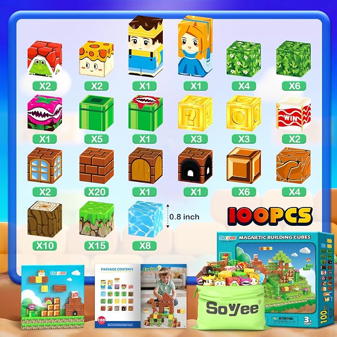 Soyee Magnetic Blocks 100PCS Magnetic Building Blocks Cubes Kids Boys Girls Toys for Ages 3-5 5-7 8-10 STEM Sensory Learning Building Magnet Toys 3-12 Year Old Girls Boys Birthday