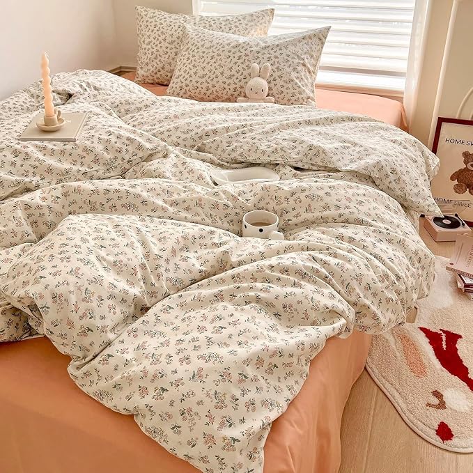 LifeTB Vintage Style Boho Floral Comforter Set King Fluffy Soft Pink Floral Bedding Set Aesthetic Flower Botanical Comforter with 2 Pillowcases Farmhouse Boho Bedding Comforter King Size