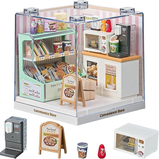 Miniature Convenience Store DIY Kit with Acrylic Display Case – Mini Market Dollhouse Scene, Tool-Free Craft Set for Teens, Adults & Beginners
