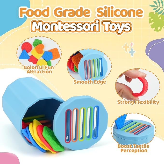 Shape & Color Sorting Montessori Baby Toddler Toys for 1 2 3 Years Boys Girls, Silicone Montessori Toys for 1 Year Old, Fine Motor Skills Sensory Toddlers Toy 1 Year Old Girl and Boy Gift, Piece