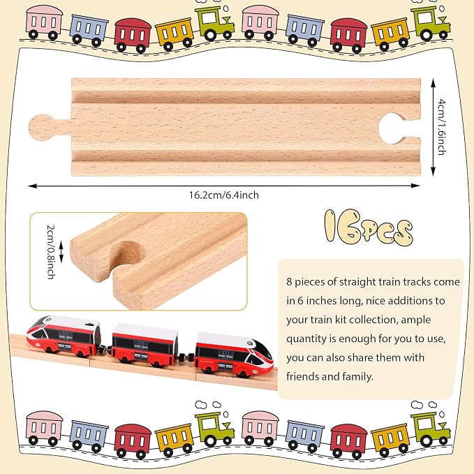 Liliful Pack of 16 Wooden Train Track Expansion Male-Male Female-Female Train Track Compatible with Most Trains Tracks(Straight)