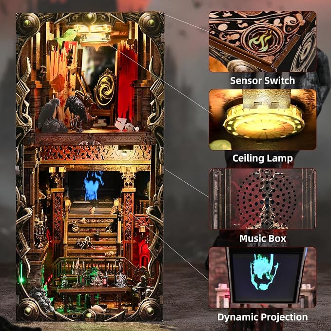 Creepy Book Nook Kit, DIY Miniature Dollhouse Halloween 3D Puzzle,Horror Scary 3D Wooden Puzzle Bookend Bookshelf Insert Decor with LED Light,Bloody Hotel