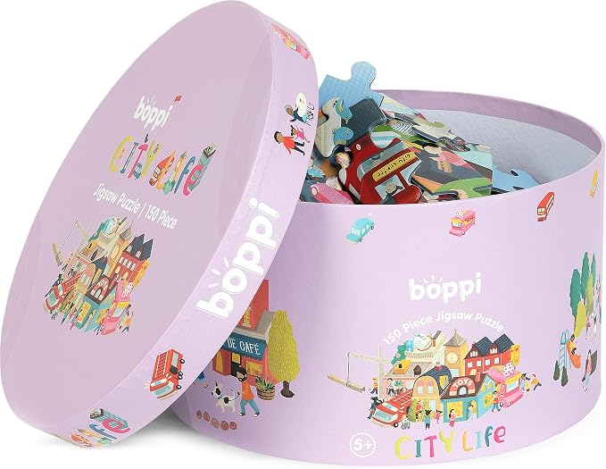 boppi Round 150 Piece Jigsaw Puzzle for Kids Aged 5-8 | Educational City Life Puzzle with Buildings, Vehicles & People | Eco-Friendly Recycled Cardboard