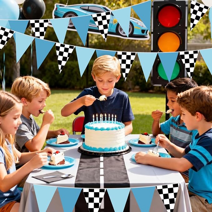 Tiamon 5 Pcs Racing Car Flag Banner Party Decorations Dusty Blue Black with Checkered Triangle 49.2 ft Flag Race Car Pennant Banner Garland Streamer for Birthday Baby Shower 2nd Two Fast Party Supply