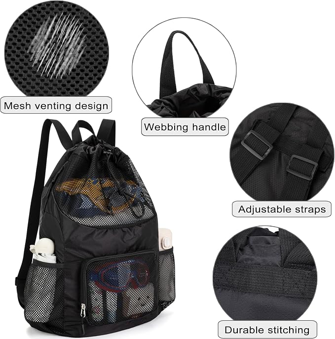 Swim Bag for Kids Mesh Beach Backpack for Boys Lightweight Drawstring Beach Bag Swimming Pool Sports Gym String Bag (Black)