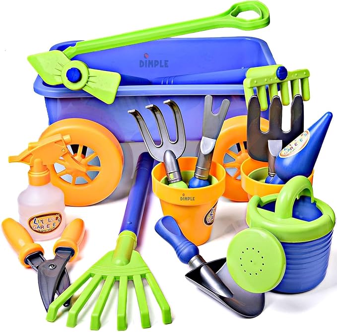 Dimple Garden Wagon & Tools Toy Set, Kids Gardening Set - 15 Pcs Outdoor Toys for Toddlers,Sand Toys - Sturdy & Durable Top Yd, Beach, Sand, Garden Play Set for Kids & Toddler Gardening Tools, Age 3+