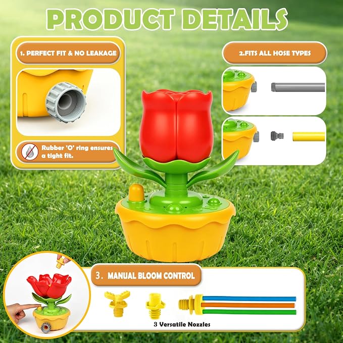 Sprinkler for Kids Outdoor Water Toys: 3 in 1 Flower Toddler Sprinkler Toy, Summer Outside Yard Water Game Toys Attaches to Garden Hose Splashing Fun Toys for 3 4 5 6 7 8 Year Old Boys Girls Gifts