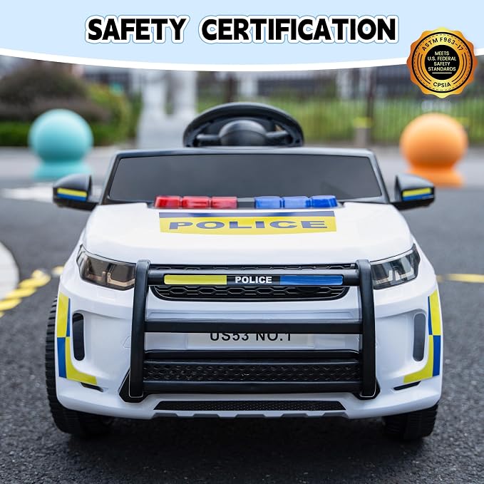 TOBBI Kids Electric Ride On Police Car, Toddlers Battery-Powered Cop Toy to Drive, 27W 4-Wheels Vehicle with Parental Remote Control/Soft Start/3 Speeds/Horn & LED for Children Ages 1-6 Years-White