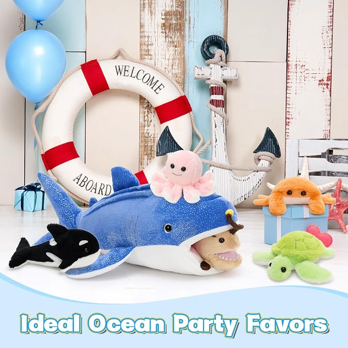 MaoGoLan 6Pcs Whale Shark Stuffed Animal with 5 Sea Animals Inside - Bulk Ocean Plush Toys Stuffed Orca Turtle Anglerfish Crab Octopus, Kids Party Favors Summer Christmas