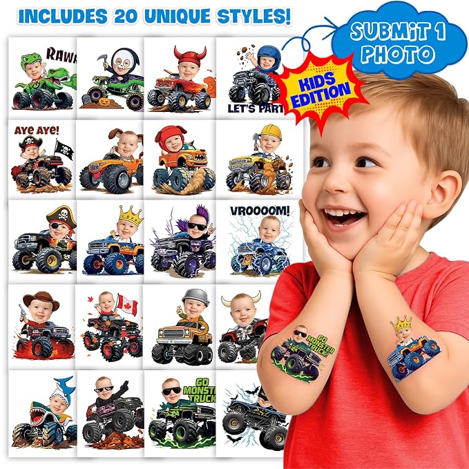 Custom Monster Truck Temporary Tattoos for Kids - Personalized Pre-Cut Face Photo Tattoos - Fun Birthday Party Favors for Boys, Monster Truck Fans - Set of 20 Unique Celebration Gifts