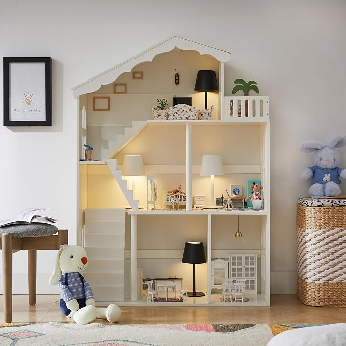 Wooden Dollhouse Bookshelf - Toddler Doll House Bookcase, Extra Space Kids Toy Storage Book Shelf, 3-Tier Children Dollhouse, Pretend Play Toy House (Traditional Angled Roof)