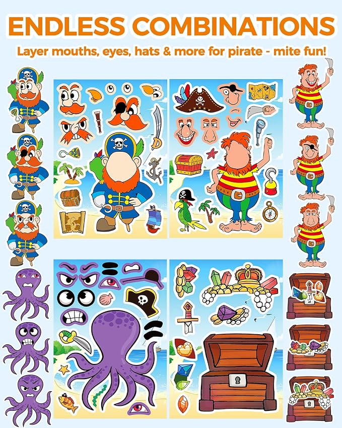 Aowplc 32 Sheets Make Your Own Pirate Stickers for Kids – Pirate Party Favors, Birthday Party Supplies & Classroom Crafts