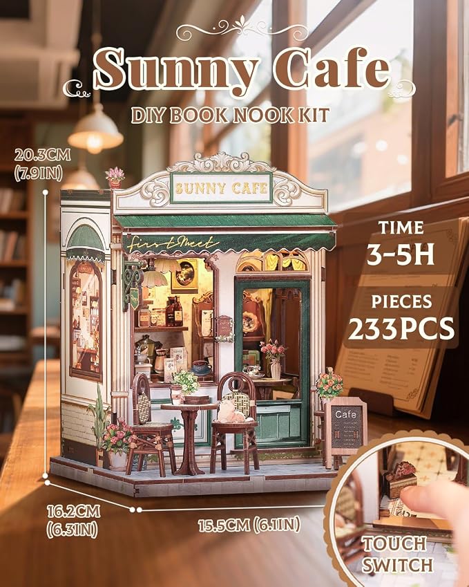 CUTEBEE Book Nook Kit - DIY Miniature House Dollhouse Kit for Adult and Teens, Booknook Bookshelf Decor Alley Model Build with LED Light, Gifts for Family and Friends (Sunny Cafe)